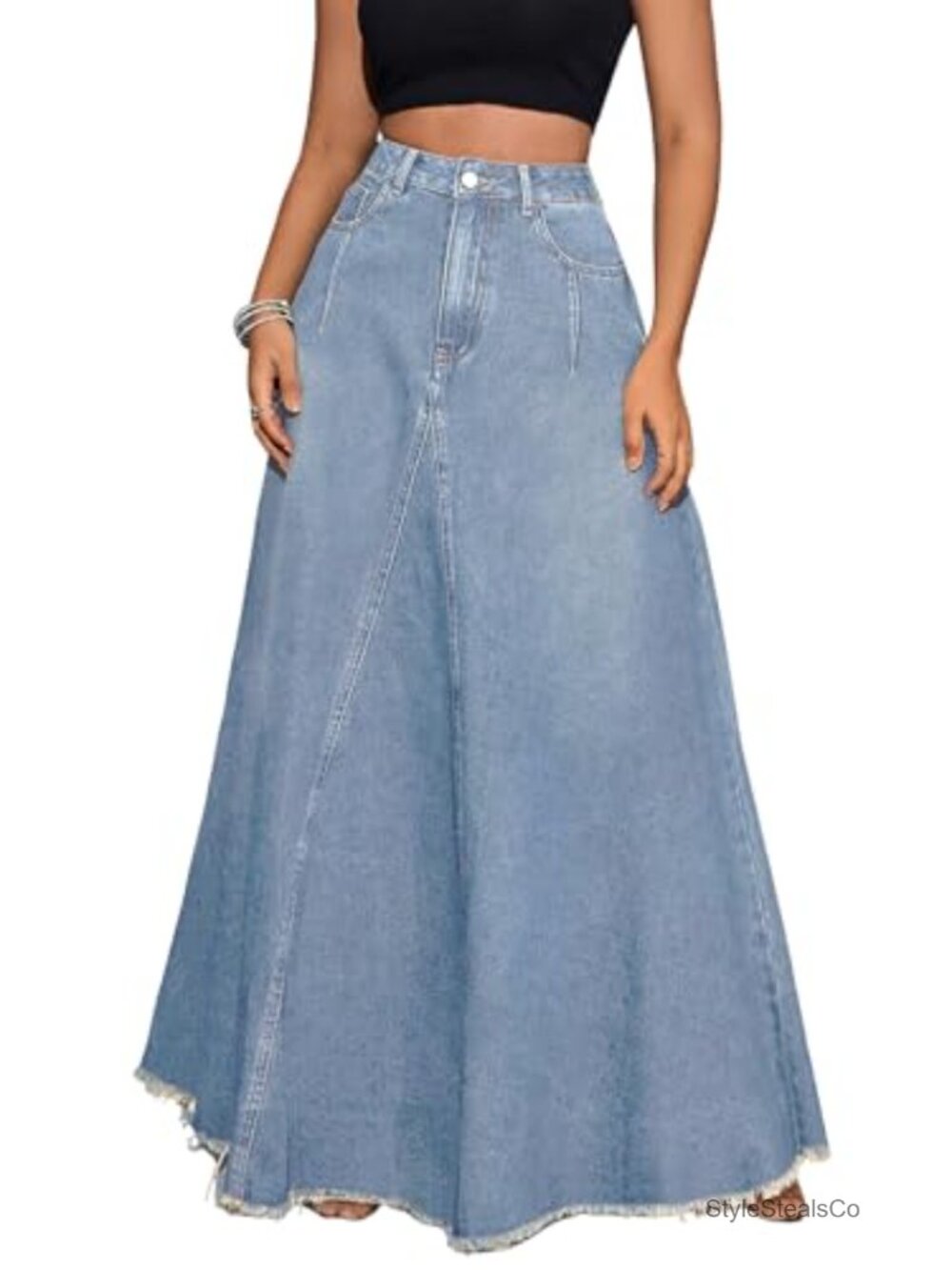 High Waist Frayed Hem A-Line Maxi Denim Skirt with Pockets